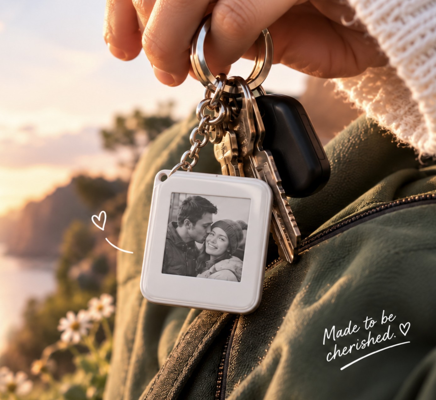 A hand holding a set of keys with a Cherikey showing a black and white photo of a couple, sunset coastline behind