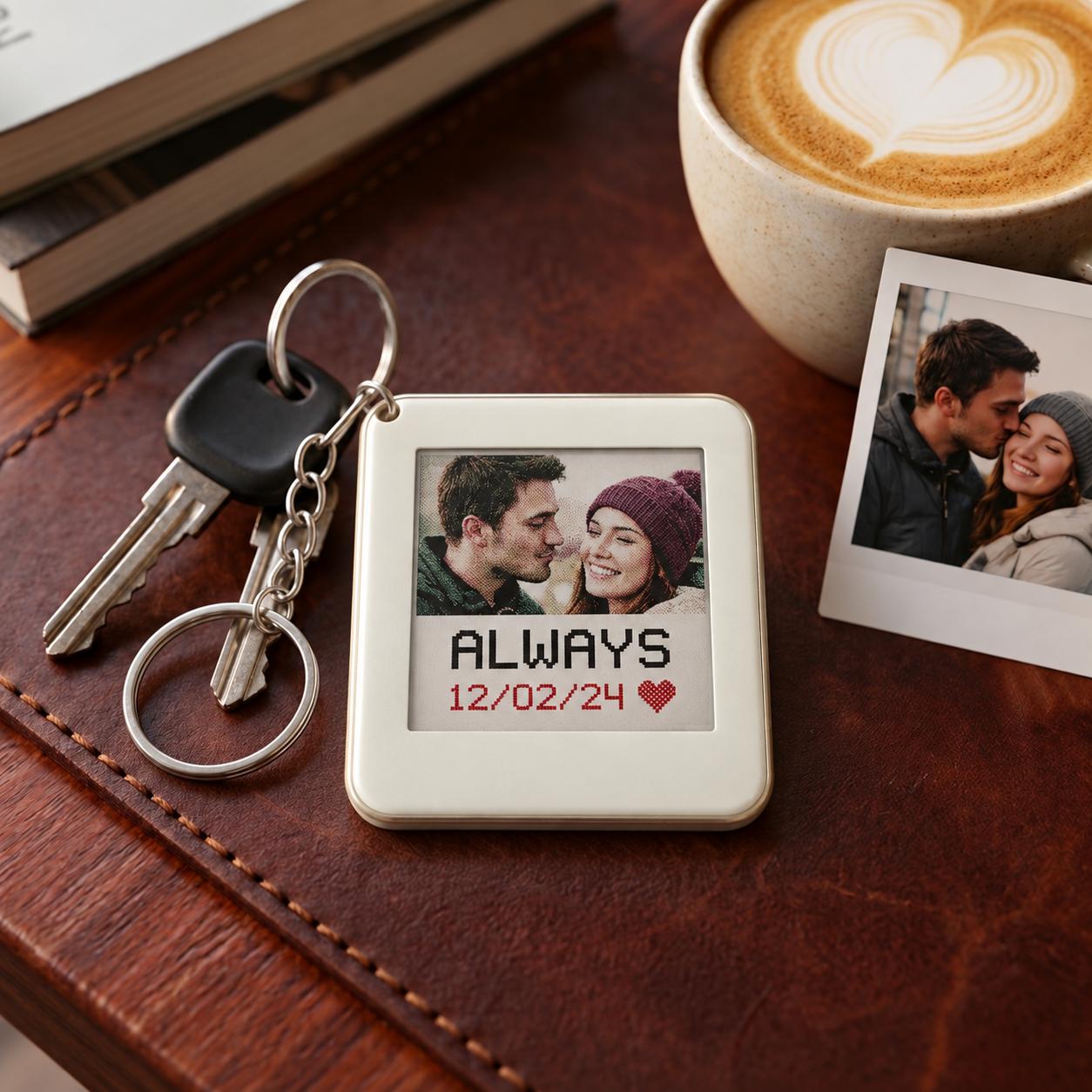 A Cherikey on a set of keys beside a latte