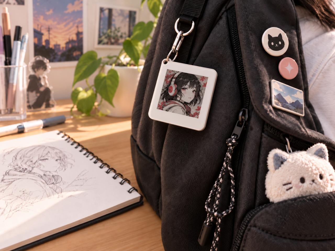 A backpack with a Cherikey showing an anime drawing, next to a sketchbook