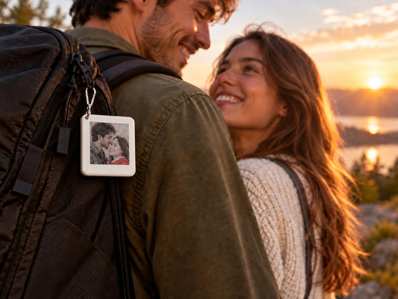 A couple at sunset with a Cherikey on his backpack