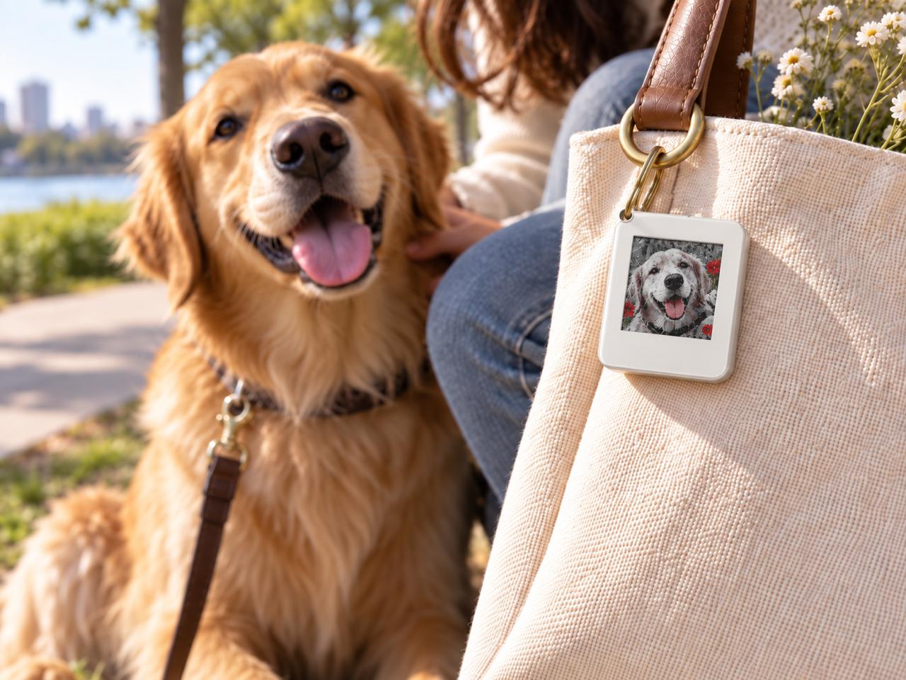 A golden retriever beside a tote with a Cherikey showing the dog